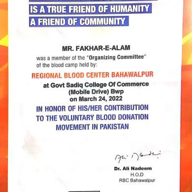 Certificate of Honor by Regional Blood Center