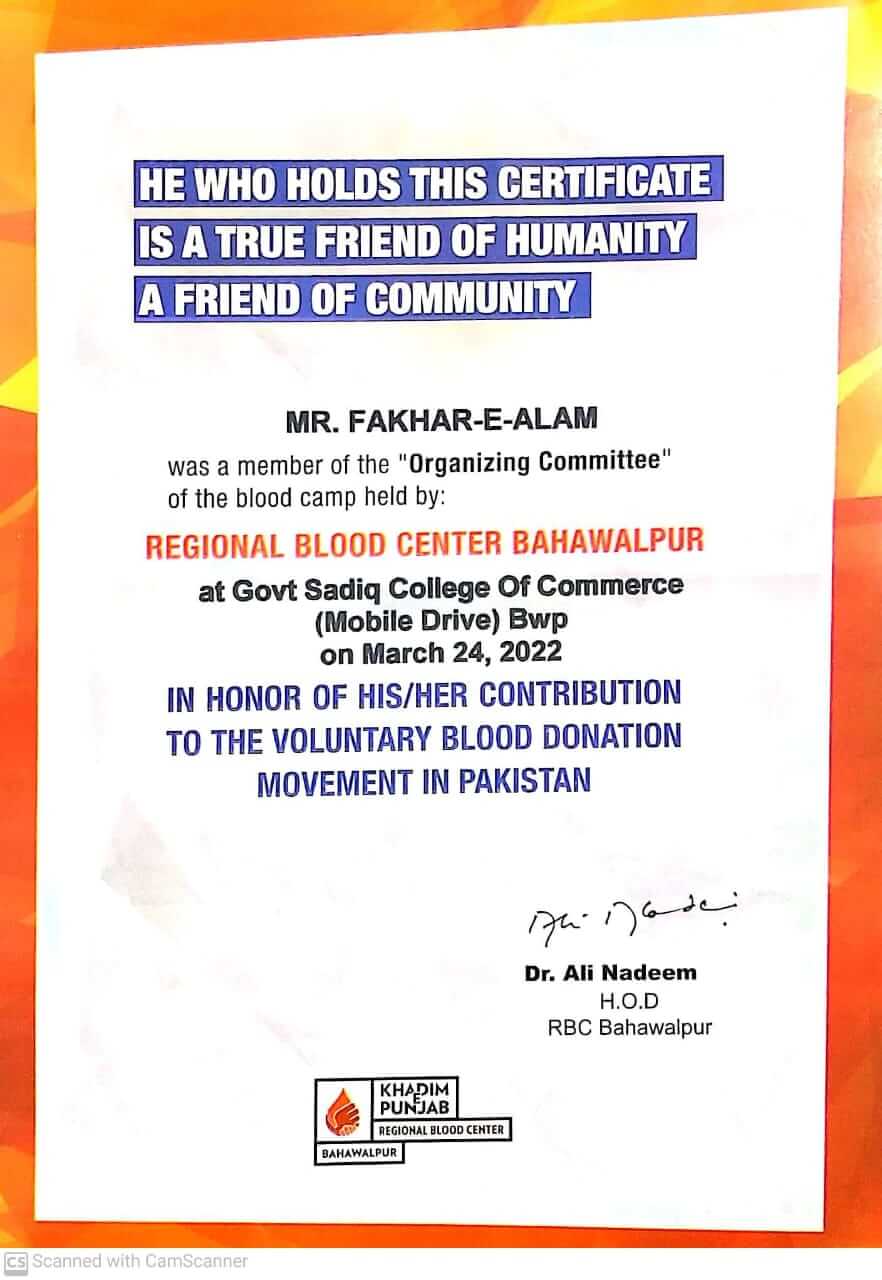 Certificate of Honor by Regional Blood Center